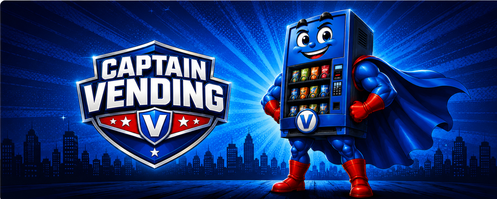 Captain Vending superhero with Captain Vending logo